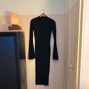 Mock neck Tight Black Dress with Bell Sleeves